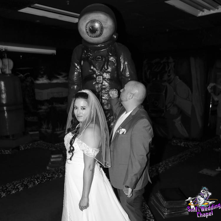 Black and white image of bride and groom at Sci-Fi Wedding Chapel.