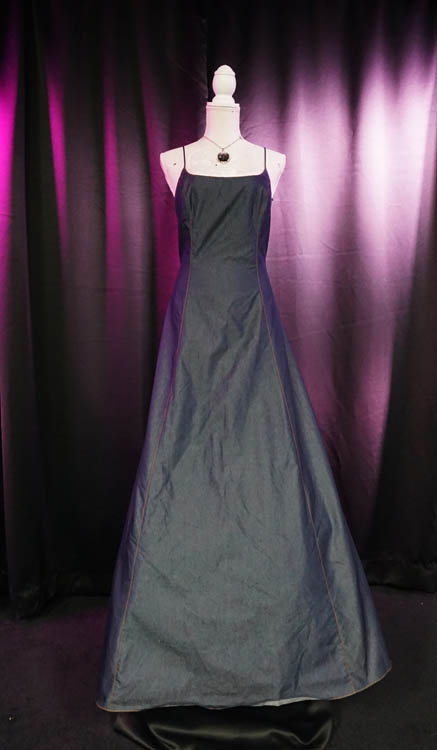 Long grey spaghetti strap wedding dress available for rent at Sci-Fi Wedding Chapel.