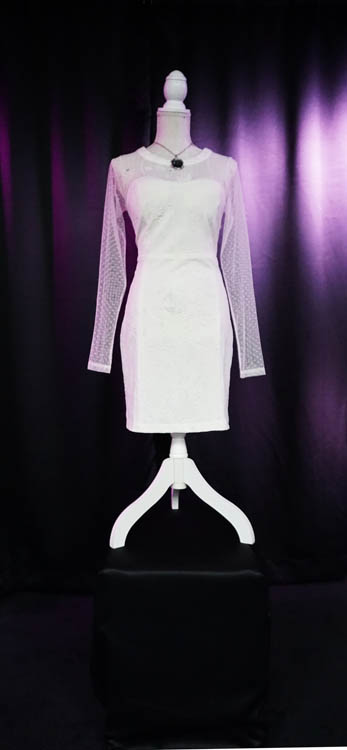 White body con wedding dress available for rent at Sci-Fi Wedding Chapel.