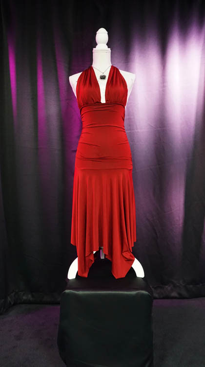Long red halter wedding dress available for rent at Sci-Fi Wedding Chapel.
