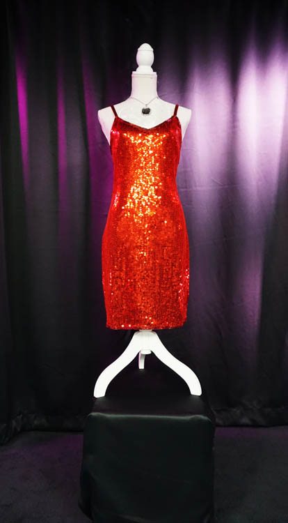Red sparkly spaghetti strap wedding dress available for rent at Sci-Fi Wedding Chapel.