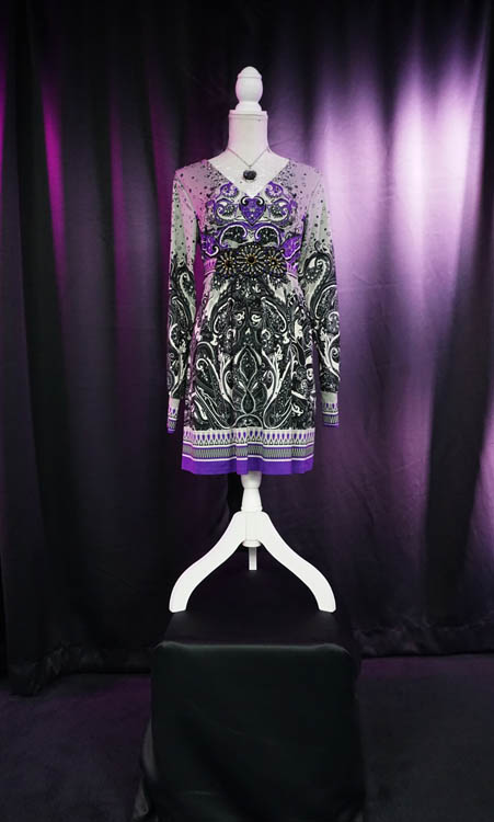 Mid length long sleeve grey, black and purple wedding dress available for rent at Sci-Fi Wedding Chapel.