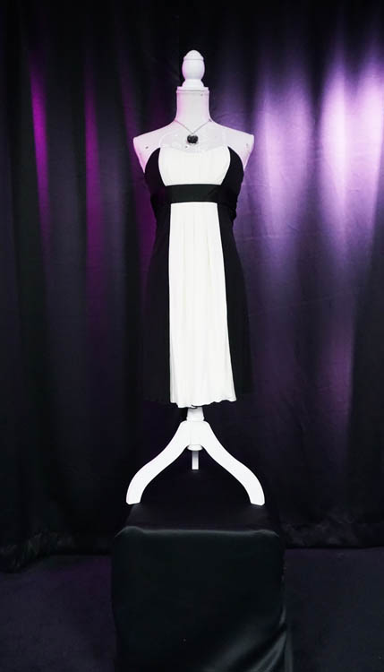 Strapless black and white wedding dress available for rent at Sci-Fi Wedding Chapel.
