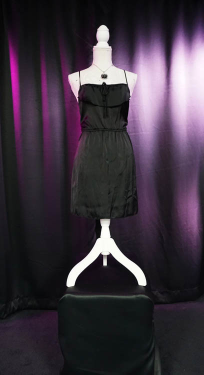 Black silk spaghetti strap mid-length wedding dress available for rent at Sci-Fi Wedding Chapel.