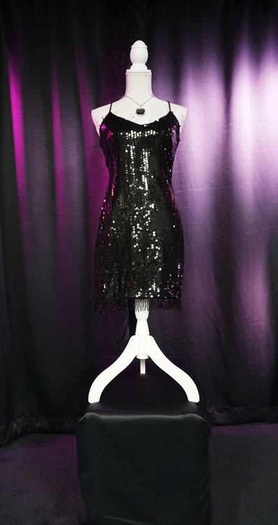 Black sparkly spaghetti strap wedding dress available for rent at Sci-Fi Wedding Chapel.