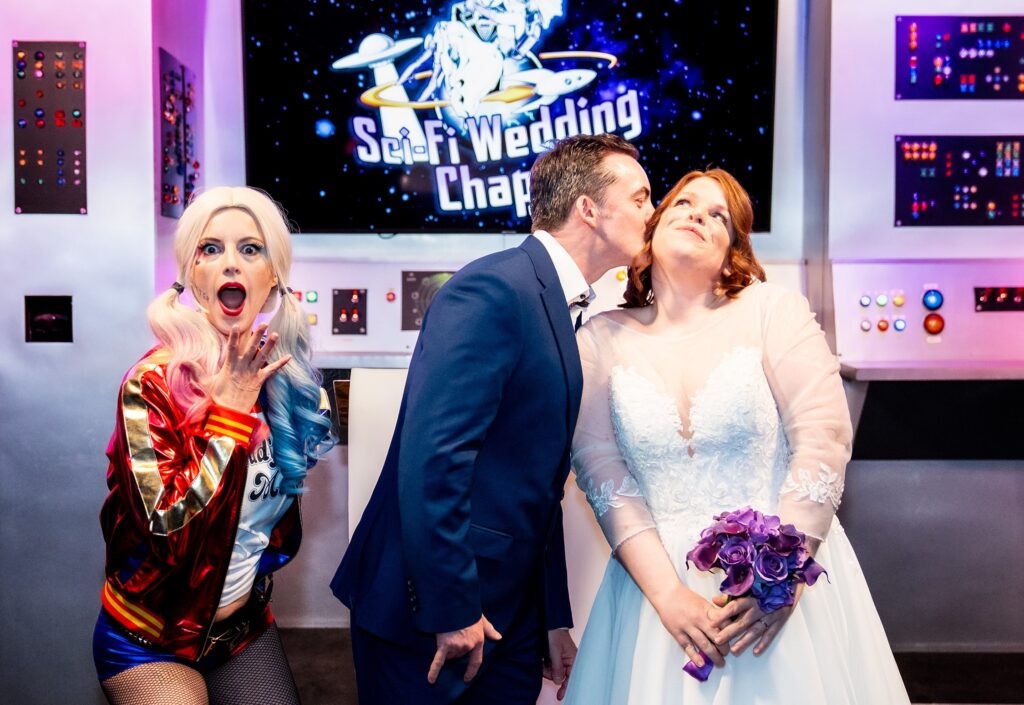 Harley Quinn Character Minister at Sci Fi Wwedding Chapel with Bride and Groom